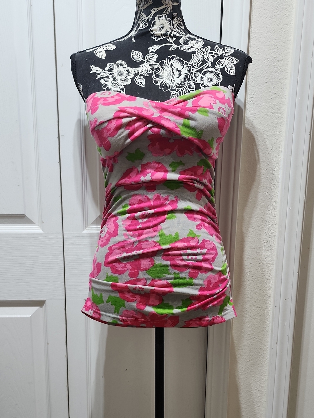 Grey Strapless Pink Floral Ruched Tube Top S/M